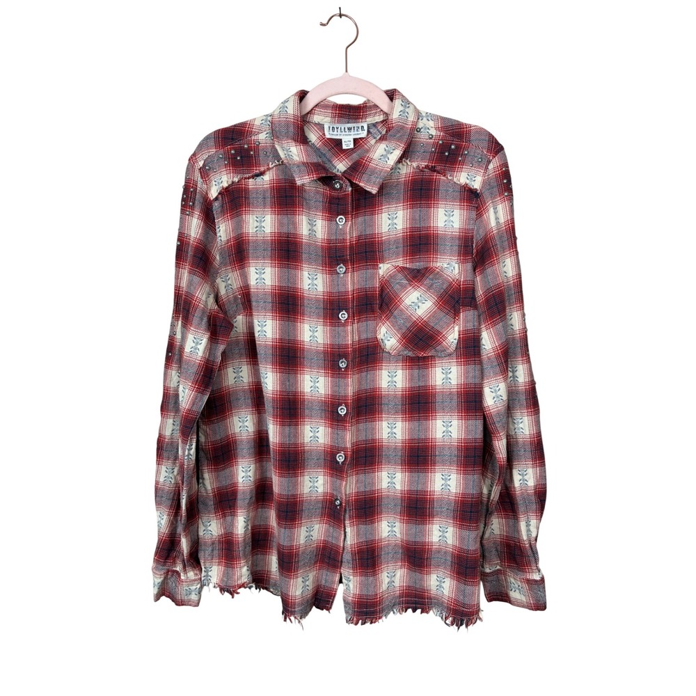 Idyllwind Miranda Lambert Red Plaid Studded Frayed Hem Flannel Shirt XL